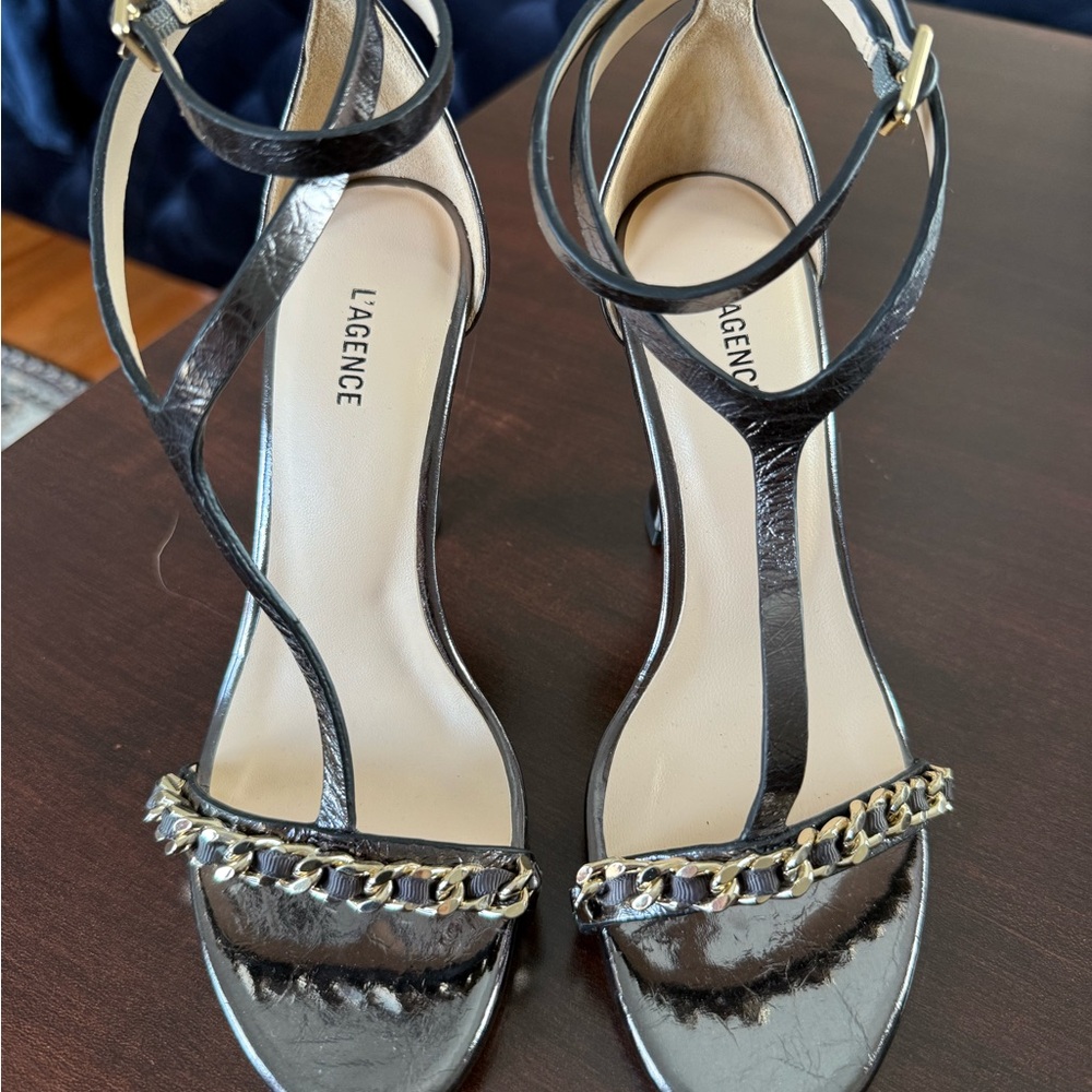 L'AGENCE Black Strappy Heels with Chain Detail